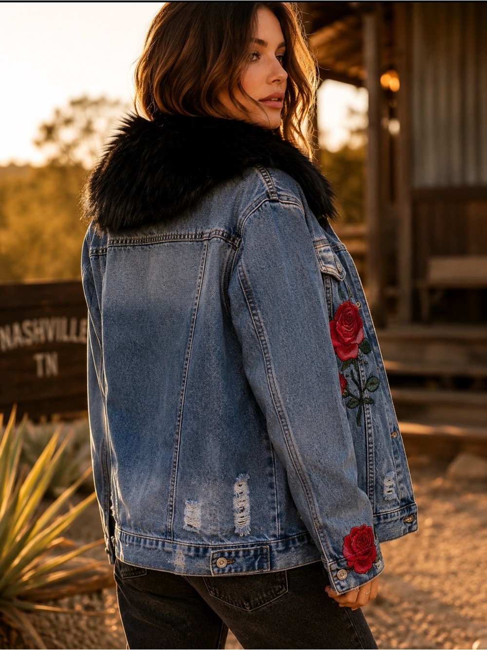 LA Coalition Rose Embroidered Denim Jacket Fur Collar NWT Small - Picture 2 of 4